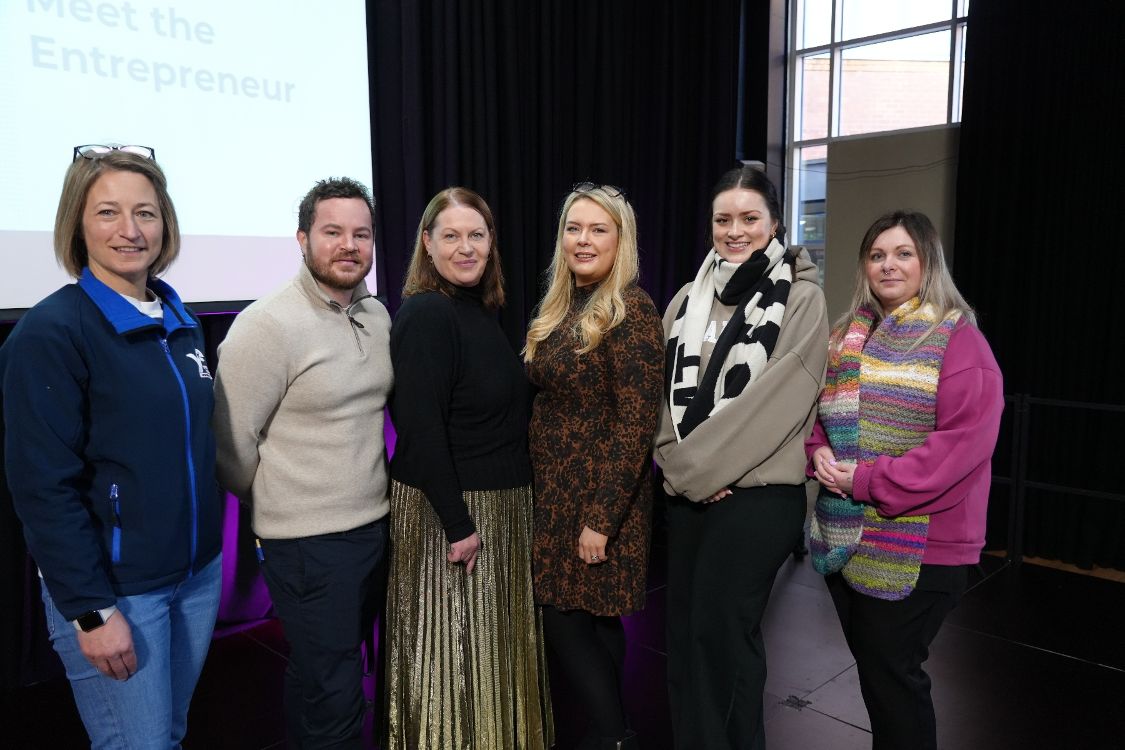 Rachael Armstrong, Young Enterprise; Callan Peden, Co-Founder, TAPP; Anne Murphy, Go Succeed Mentor & Serial Entrepreneur; Naomi McCallum – Founder, Eden Beauty Portaferry; with Level 3 Beauty Therapy students,  Sophie Thompson and Zoe Busteed.